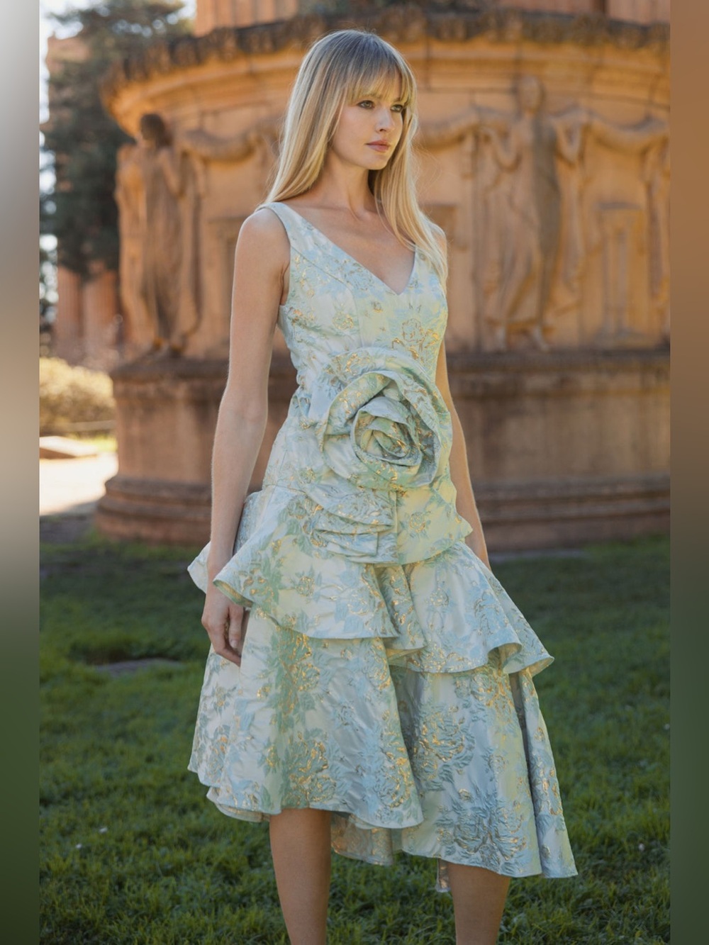 Mac Duggal 3D Floral Tiered Brocade Midi Dress Size 6